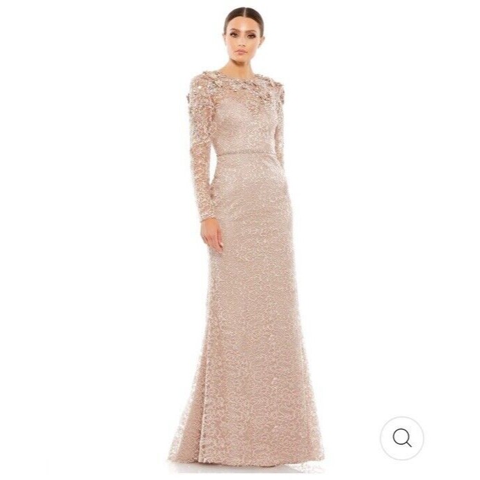 Mac Duggal Blush Lace & Beaded Long Sleeve Evening Gown